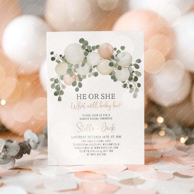 Convites He or She Greenery Balloon Garland Gender Reveal  (He or She Gender Reveal Invitation )
