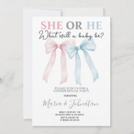 Convites He or She Pink Blue Bow Baby Gender Reveal