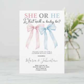 Convites He or She Pink Blue Bow Baby Gender Reveal