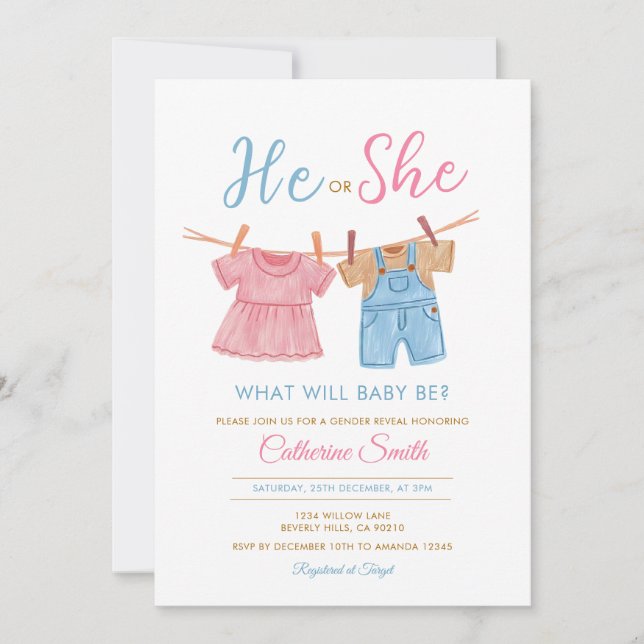 Convites He or She Pink & Blue Clothesline Gender Reveal  (Frente)