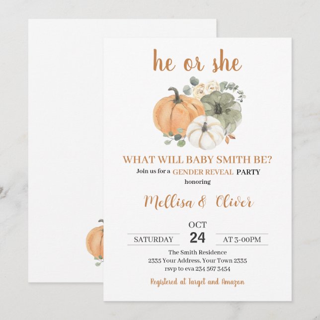 Convites He or She Pumpkin Fall Gender Reveal (Frente/Verso)