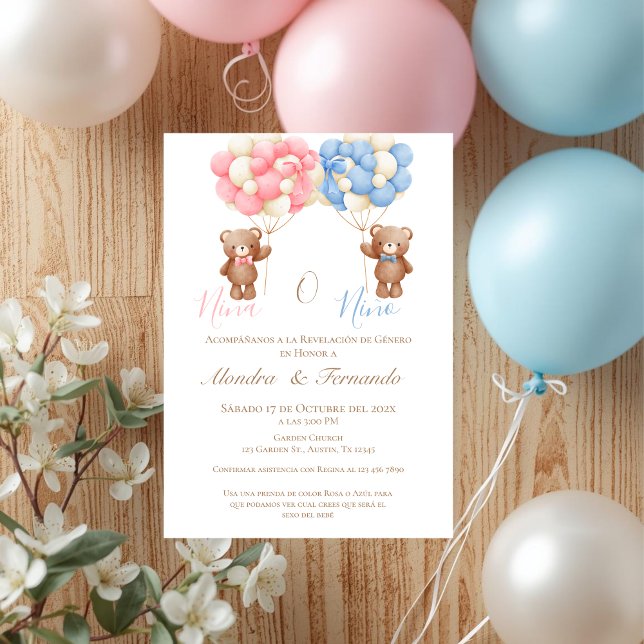 Convites He or She Teddy Bear with Balloons Gender Reveal I (Criador carregado)