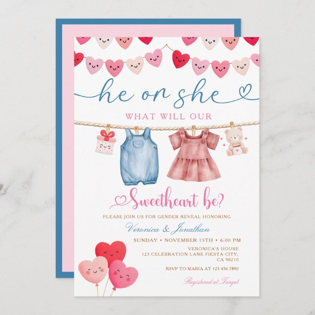 Convites He or She Valentine Gender Reveal Clothesline  (Frente/Verso)