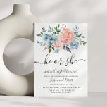 Convites HE ou SHE | floral gênero de bebê<br><div class="desc">O gênero de bebê floral revela o convite para festa com lindas flores azuis e rosa pintadas a mão,  pintadas a aquarelas.</div>