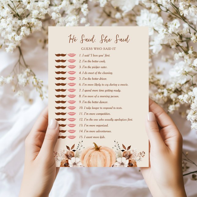 Convites He Said She Said Fall Bridal Shower Game Card (Criador carregado)