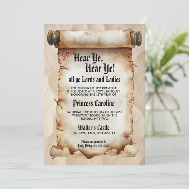 Convites Hear Ye, Hear Ye! Medieval Royal Birthday (Em pé/Frente)