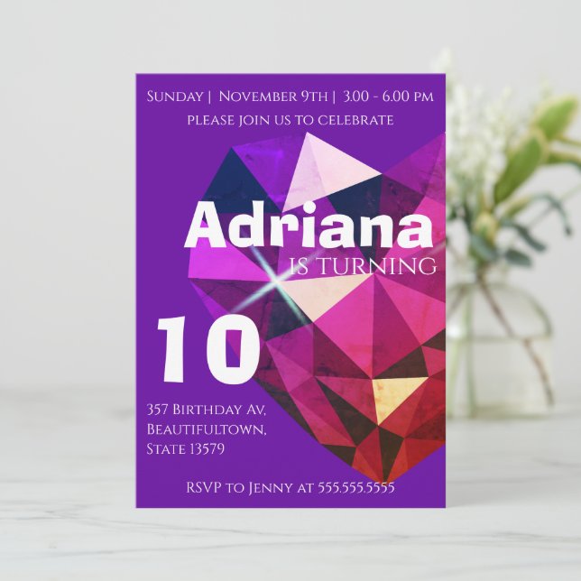 Convites Heart Gemstone Purple 10th Birthday Invitation (Em pé/Frente)