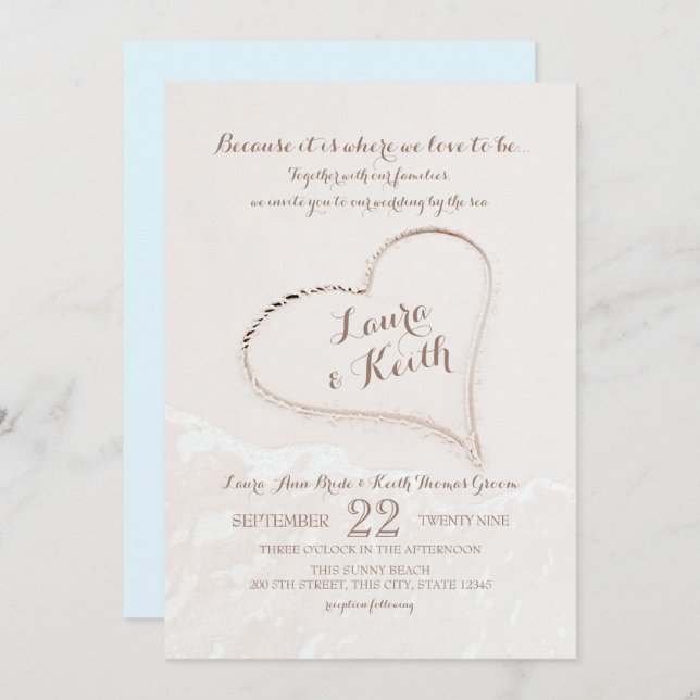 Convites Heart in Sand Beach Wedding (Frente/Verso)