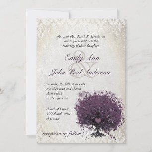 Convites Heart Leaf Eggplant Tree Vintage Damask Wedding