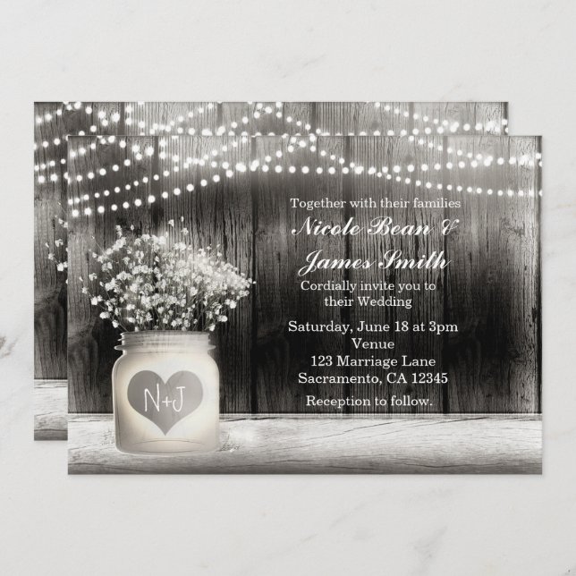 Convites Heart Mason Jar & Baby's Breath Rustic Invtions (Frente/Verso)