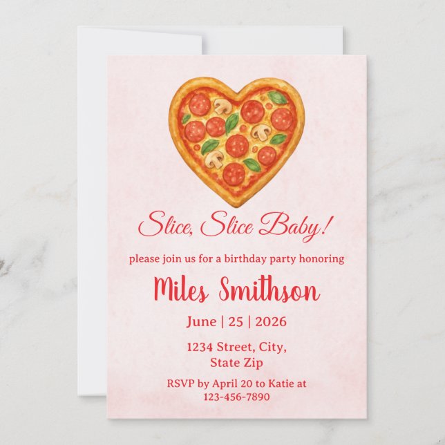 Convites Heart Pizza Birthday Invitation | Red Checkered (Frente)