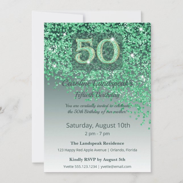 Convites Heartfelt 50th Birthday Green Glitter  (Frente)