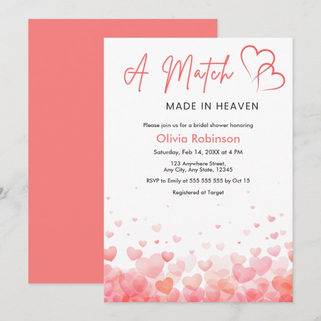 Convites Hearts A Match Made in Heaven Bridal Shower  (Frente/Verso)