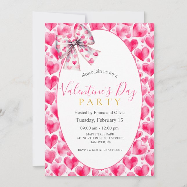 Convites Hearts and Bow Valentine’s Day Party Invitation (Frente)