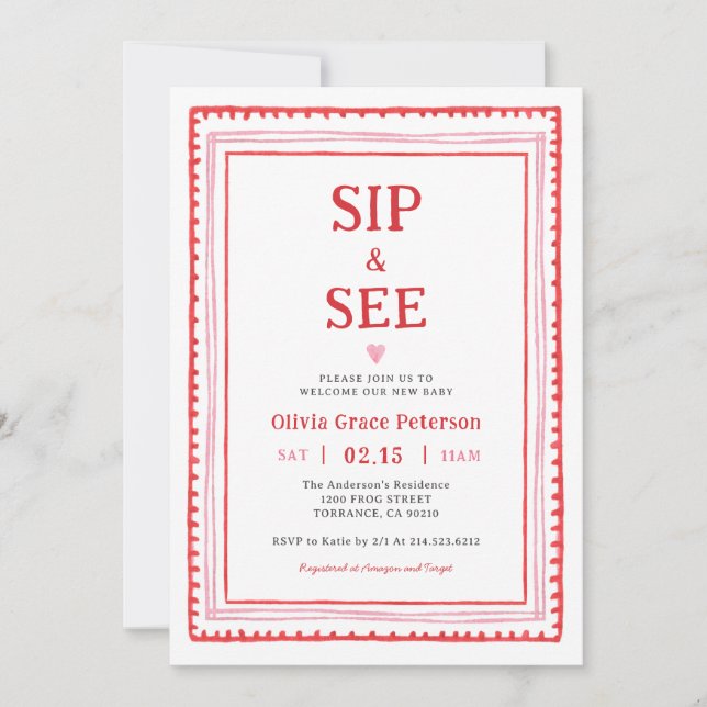 Convites Hearts Baby Girl Sip and See Welcome Baby (Frente)