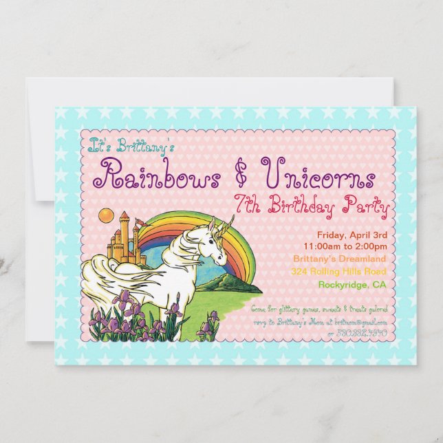 Convites Hearts Stars Rainbow e Unicorns Invitation (Frente)