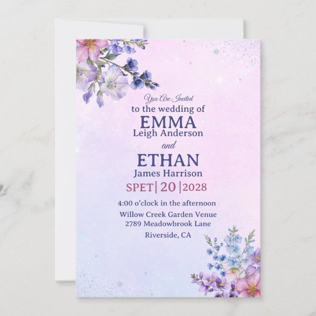 Convites heather periwinkle plum lavender blue Wedding  (Frente)