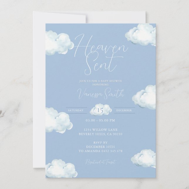 Convites Heaven Sent Baby Shower Blue Cloud (Frente)