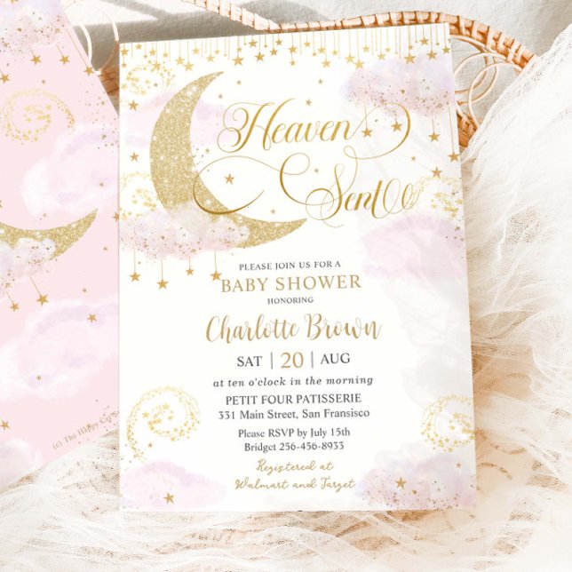 Convites Heaven Sent Moon and Stars Pink Gold Baby Shower (Criador carregado)