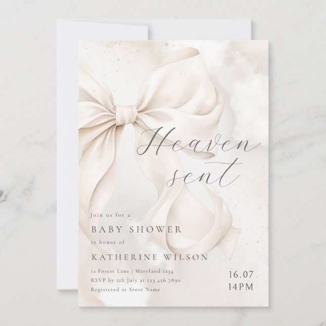 Convites Heaven Sent Neutral Bow Baby Shower Invitation (Frente)