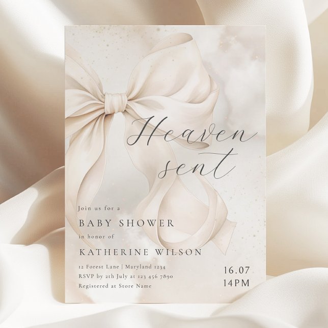 Convites Heaven Sent Neutral Bow Baby Shower Invitation (Criador carregado)