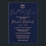 Convites Hebraico Simples Rosa Burgundy Red Bat Mitzvah<br><div class="desc">Este convite elegante, minimalista e chic Bat Mitzvah é a escolha perfeita para a sua filha no dia especial dela. Ele apresenta um simples e moderno falso design de tipografia rosa dourada com a estrela de David sobre um fundo azul marinho. Também exibe tipografia personalizada do nome hebraico do seu...</div>