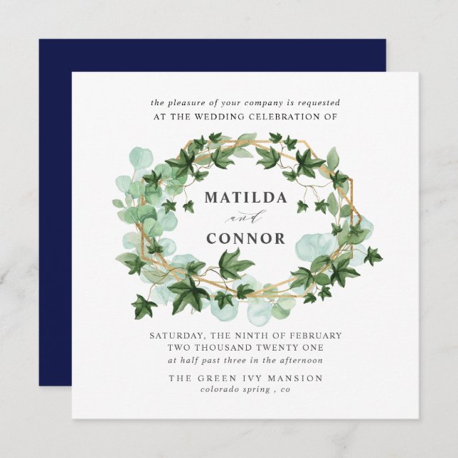 Convites Hedera | Marinho Ivy Frame Botanical Wedding (Frente/Verso)