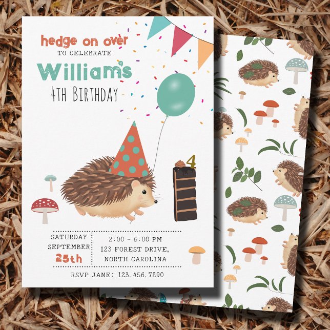 Convites Hedgehog Mushroom Woodland Forest Balloon Birthday (Hedgehog Mushroom Woodland Forest Balloon Birthday Invitation)