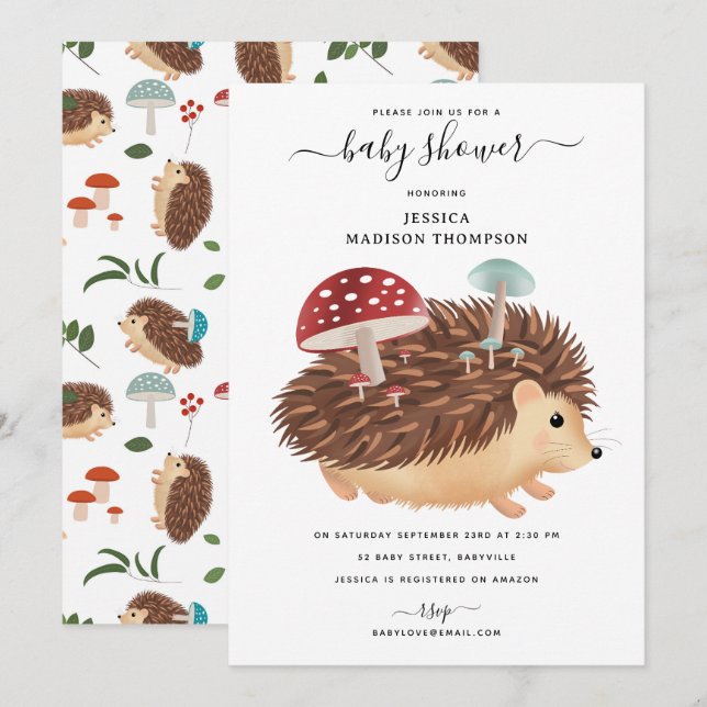 Convites Hedgehog Mushroom Woodland Funny Baby Shower (Frente/Verso)