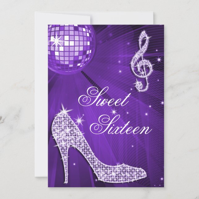Convites Heels Sparkle e Bola de Disco Roxo Doce 16 (Frente)