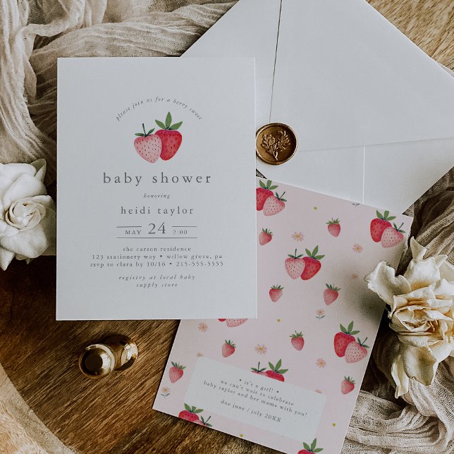 Convites HEIDI Bebê rosado Berry Sweet Strawberry Girl (HEIDI Pink Berry Sweet Strawberry Girl Baby Shower Invitation)