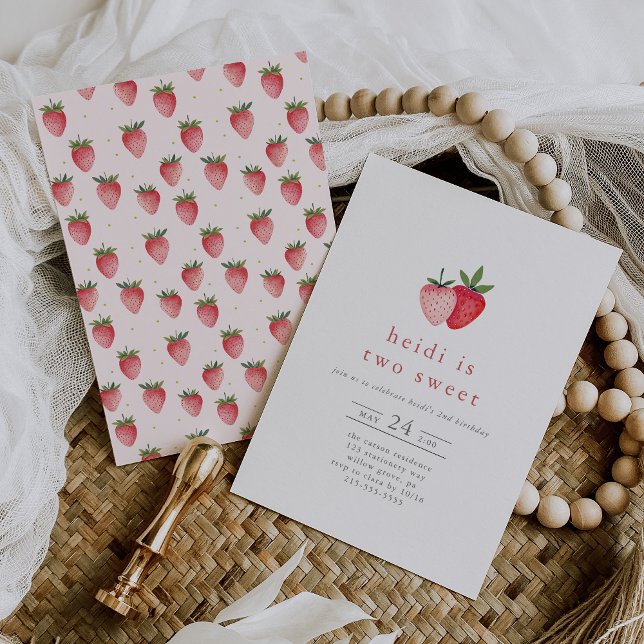 Convites HEIDI Cute Strawberry Kids Dois segundos aniversár (HEIDI Cute Strawberry Kids Two Sweet 2nd Birthday Invitation)
