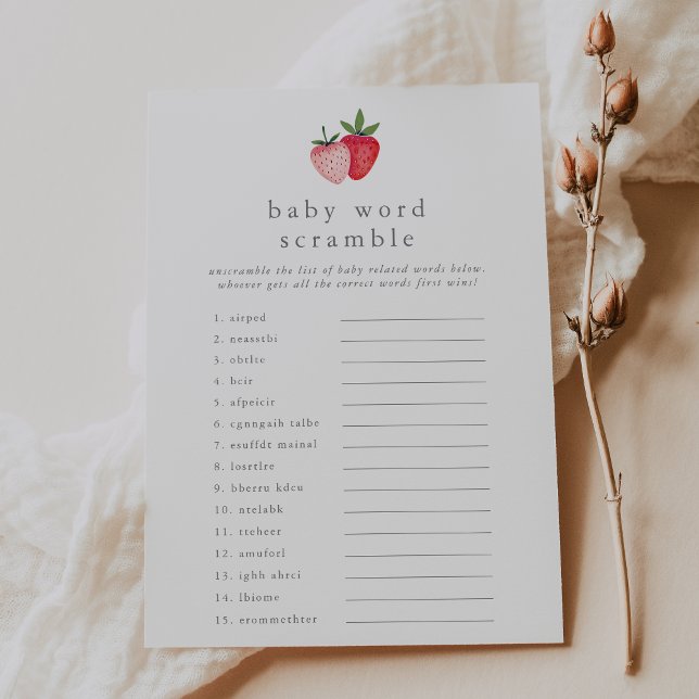 Convites HEIDI Strawberry Chá de fraldas Word Scramble Game (HEIDI Strawberry Baby Shower Word Scramble Game Invitation)