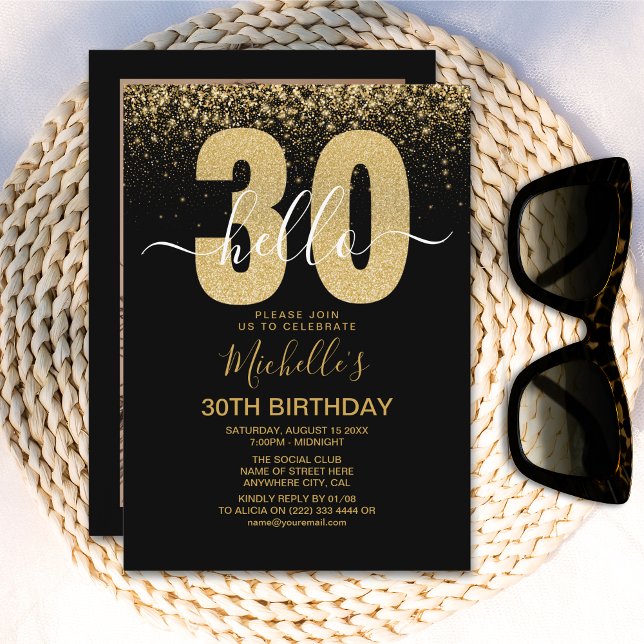 Convites Hello 30! modern 30th birthday with gold glitter (Criador carregado)