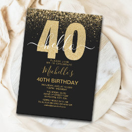 Convites Hello 40! modern 40th birthday with gold glitter