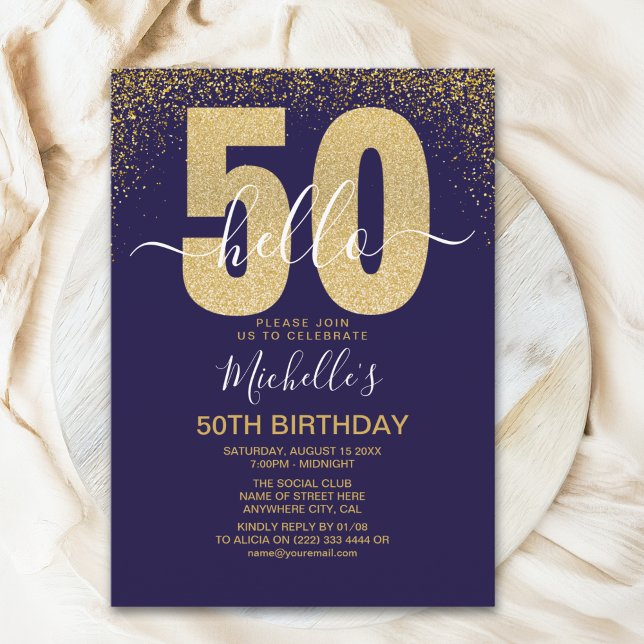 Convites Hello 50! modern 50th birthday with gold glitter (Criador carregado)