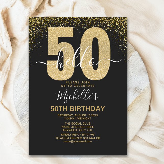 Convites Hello 50! modern 50th birthday with gold glitter (Criador carregado)
