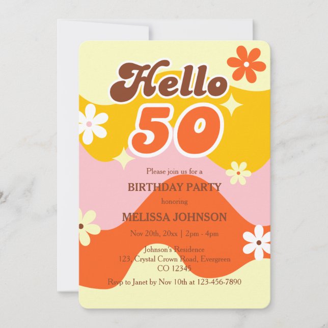 Convites Hello 50 Retro Wave Groovy Flower Birthday  (Frente)