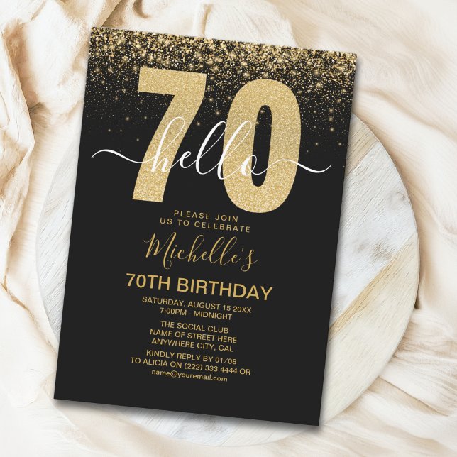 Convites Hello 70! modern 70th birthday with gold glitter  (Criador carregado)