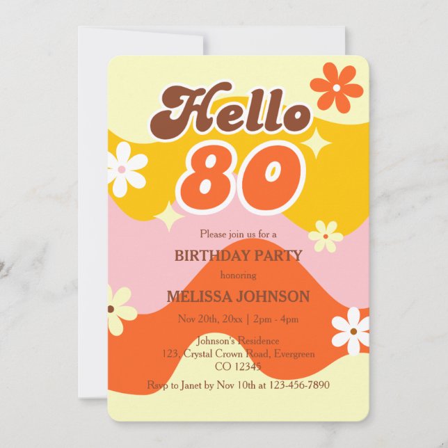Convites Hello 80 Retro Wave Groovy Flower Birthday  (Frente)