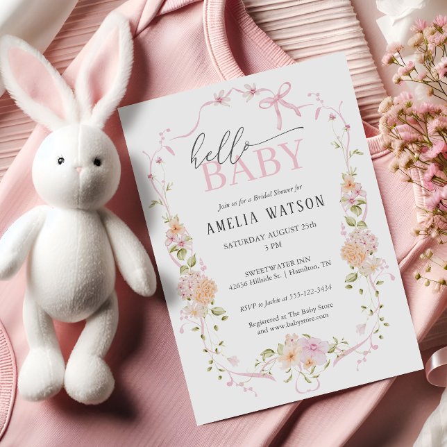 Convites Hello Baby Blush Pink Floral Pink Bow Baby Shower (Hello Baby Blush Pink Floral Pink Bow Baby Shower Invitation)