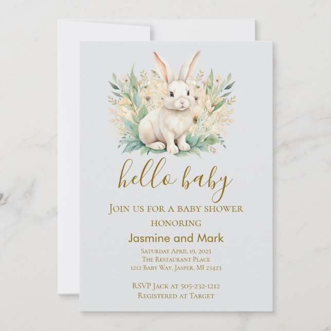 Convites Hello Baby Boho Neutral Bunny  (Frente)
