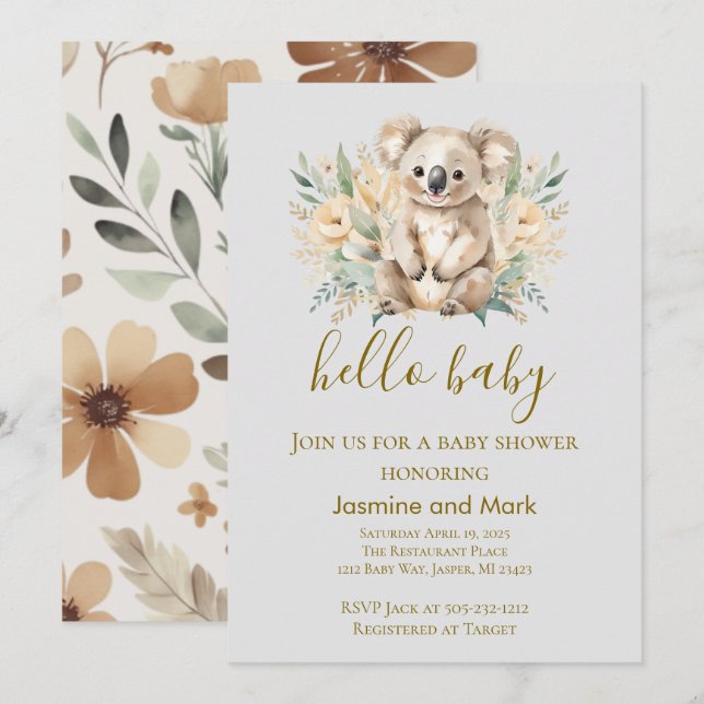 Convites Hello Baby Boho Neutral Koala Bear (Frente/Verso)