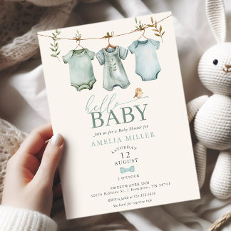 Convites Hello Baby Boy Clothesline Boho Baby Shower