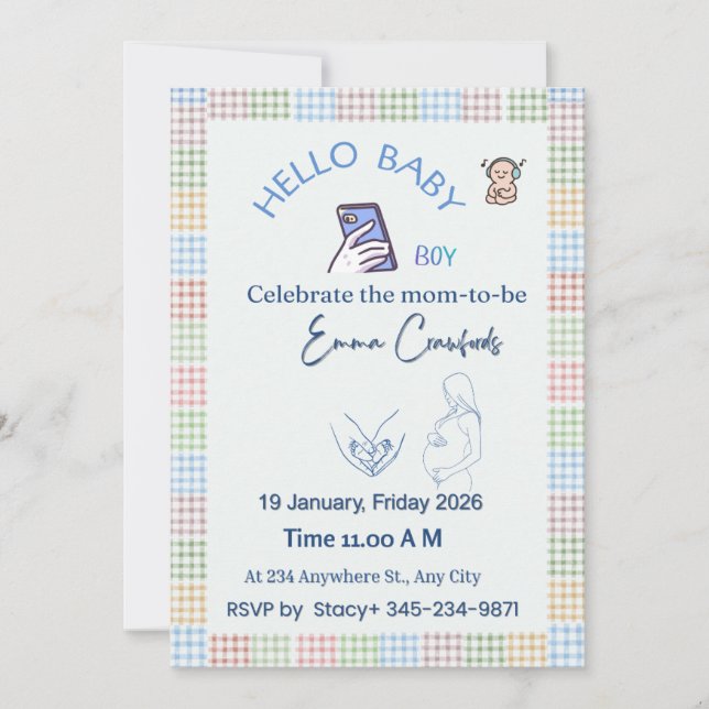 Convites Hello Baby Boy Shower Invitation | Pastel Customiz (Frente)