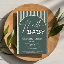 Convites Hello Baby Dark Green Stripes Baby Shower