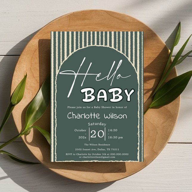 Convites Hello Baby Dark Green Stripes Baby Shower (Criador carregado)