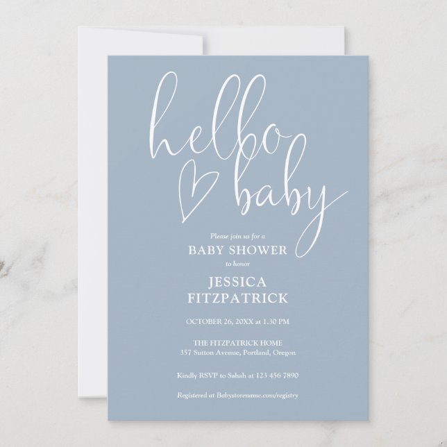 Convites Hello Baby Elegant Script Dusty Blue Baby Shower (Frente)
