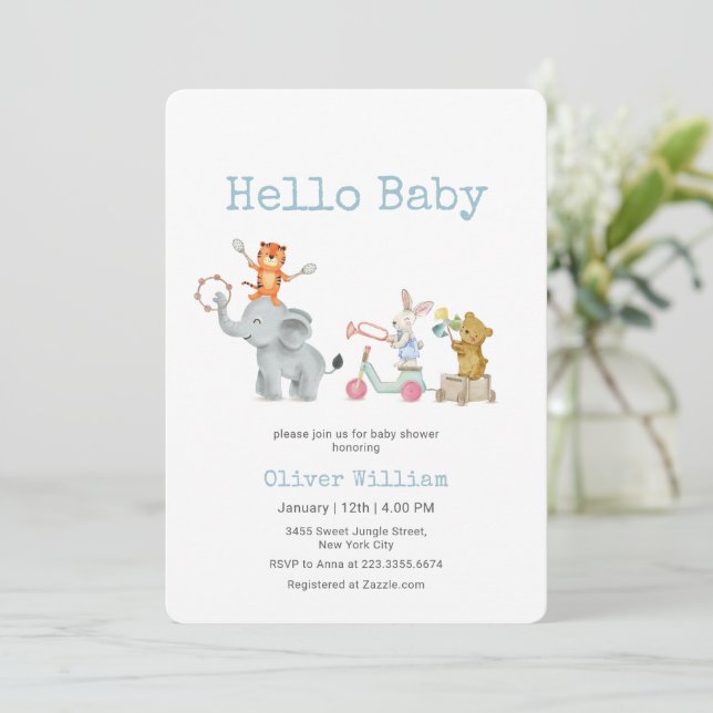 Convites Hello Baby Musical Elephant Parade Baby Shower   (Em pé/Frente)