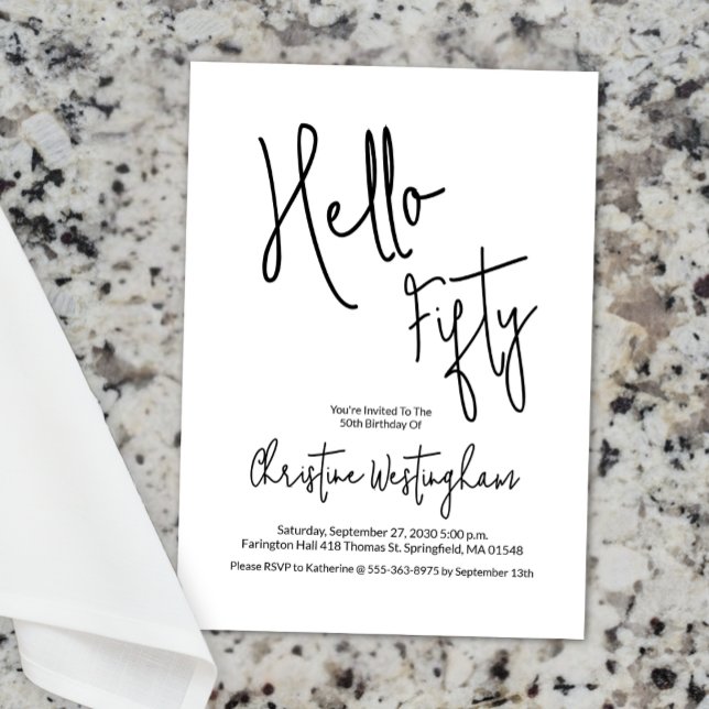 Convites Hello Fifty Black White Script 50th Birthday (Criador carregado)